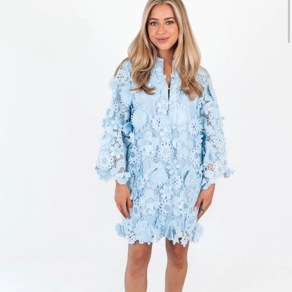 Light Blue Floral Crochet Mini Dress - Women